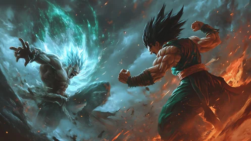 Mythic energy duel between muscular warriors in stormfire.