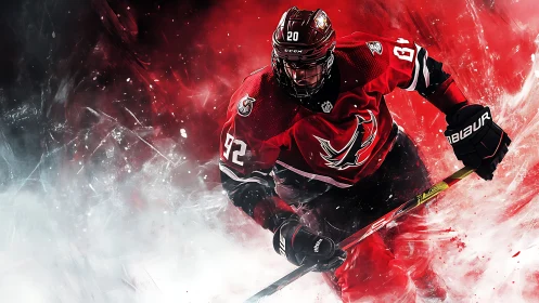 Explosive red ice hockey charge amid swirling color effects.