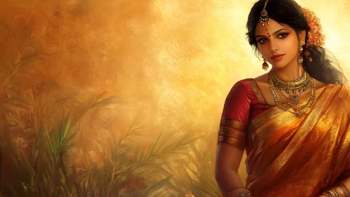 Elegant Indian Woman in Traditional Saree, Digital Art Portrait.