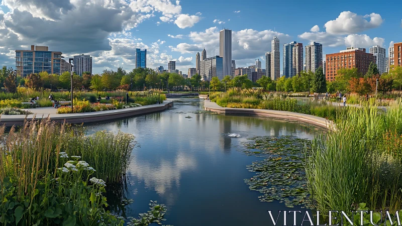 Urban skyline behind landscaped park pond under blue sky.