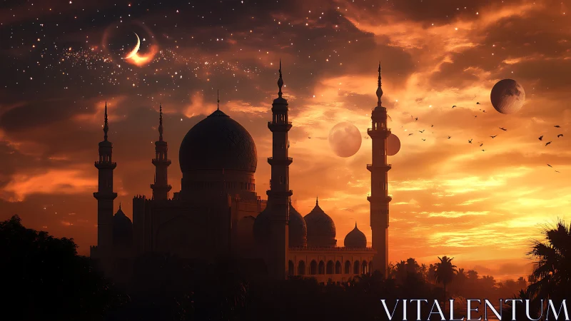 Celestial minarets beneath swirling moons and ember dusk.