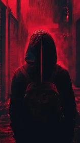 Hooded figure stalks neon alley under blood red rain.