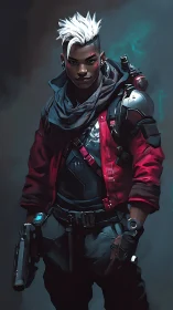 Streetwise cyberpunk sentinel in crimson tactical gear.