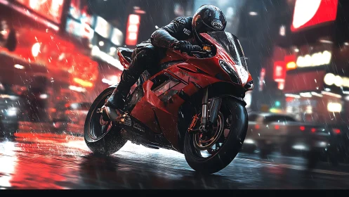 Red lightning leans low through neon rain and midnight traffic