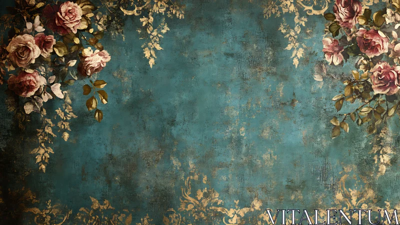 Floral ornament decorates a distressed teal painted surface