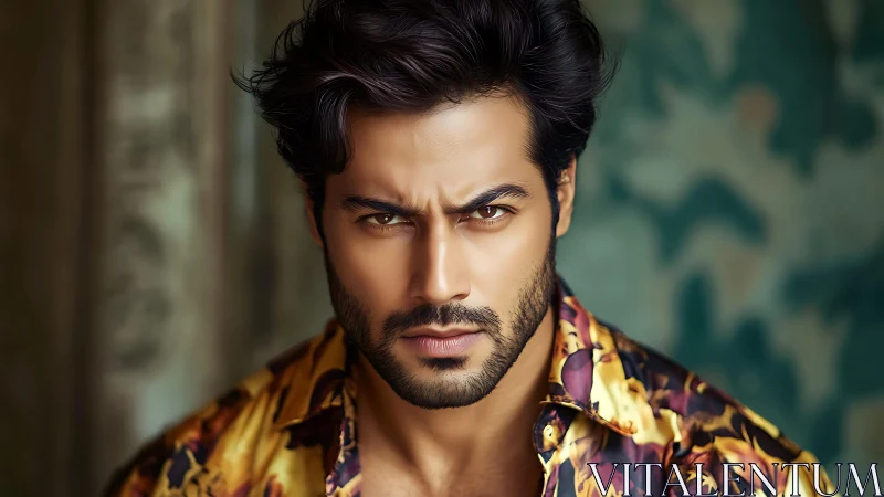 Smoldering gaze in tropical silk, carved by soft shadows.