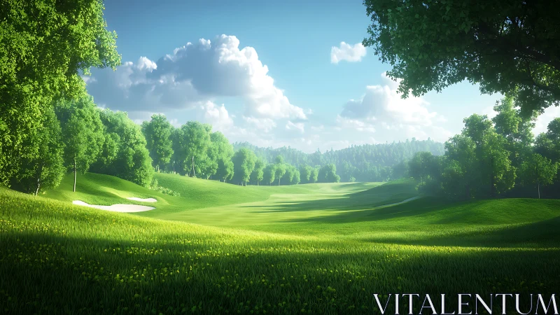 Sunlit green fairway embraced by whispering summer trees.