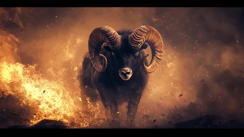 Inferno-horned ram strides through storming embers unbroken.