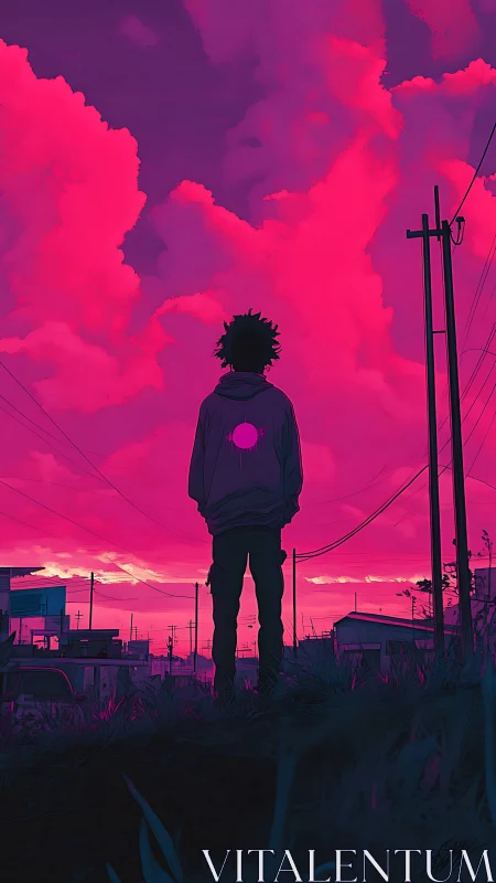 Silhouetted youth studies neon pink sunset over quiet suburb