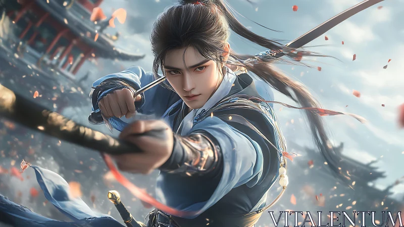 Sword-wielding warrior draws bow in dynamic mid-range view