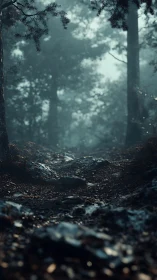 Misty forest path with tall conifers and rocky ground