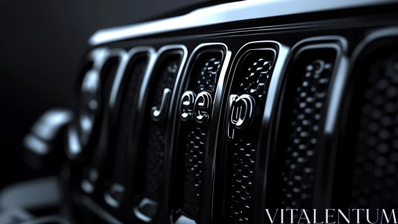 Chrome letters prowl across a shadowed Jeep night grille