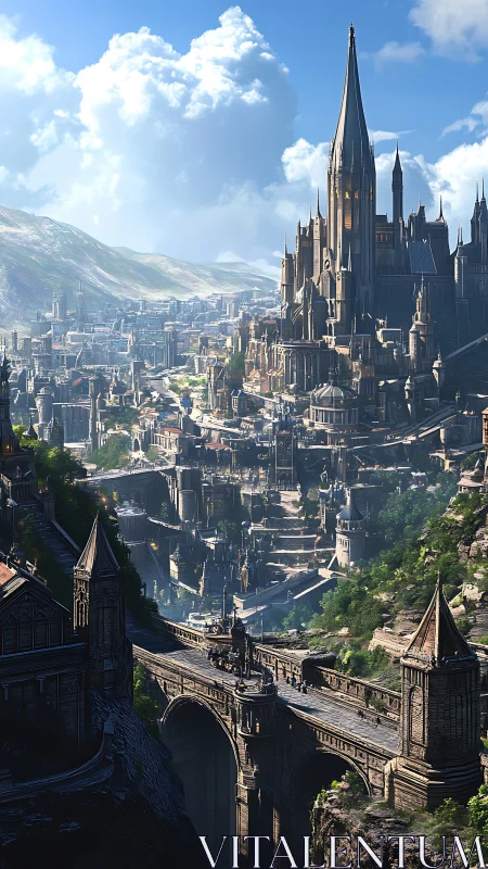 Vertical gothic citadel dominates sprawling sunlit valley city