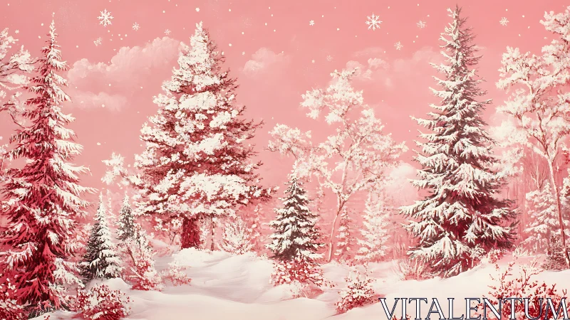 Snow covered pines rise under soft pink winter sky