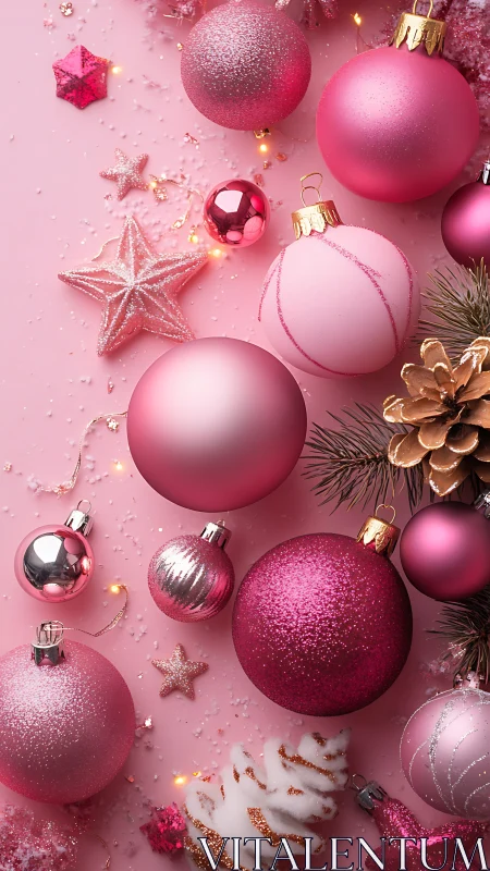 Pink ornaments waltz through sugar-snow in festive daylight