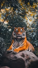 Regal tiger poised on mossy rock amid lush forest stillness.