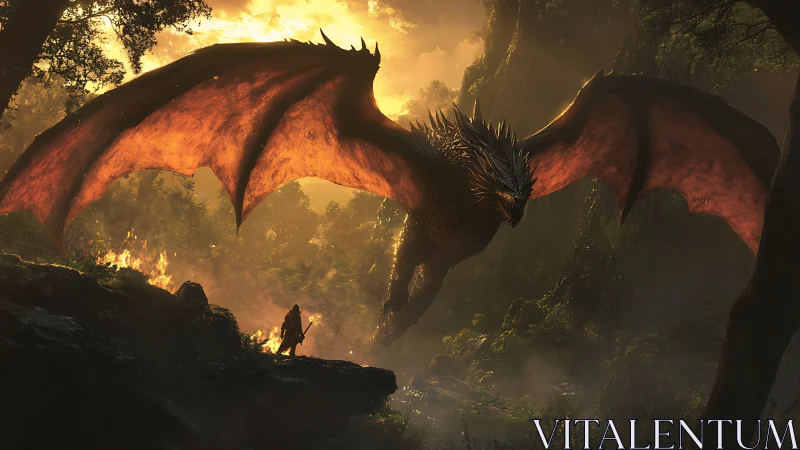 Dragon with extended wings confronts lone figure at sunset