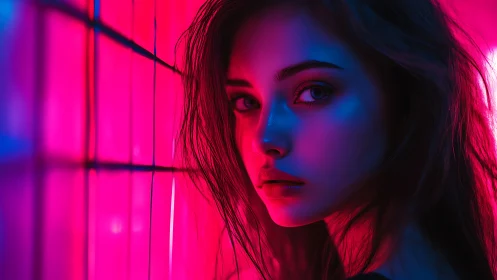 Neon edge portrait under magenta cyan volumetric lighting.
