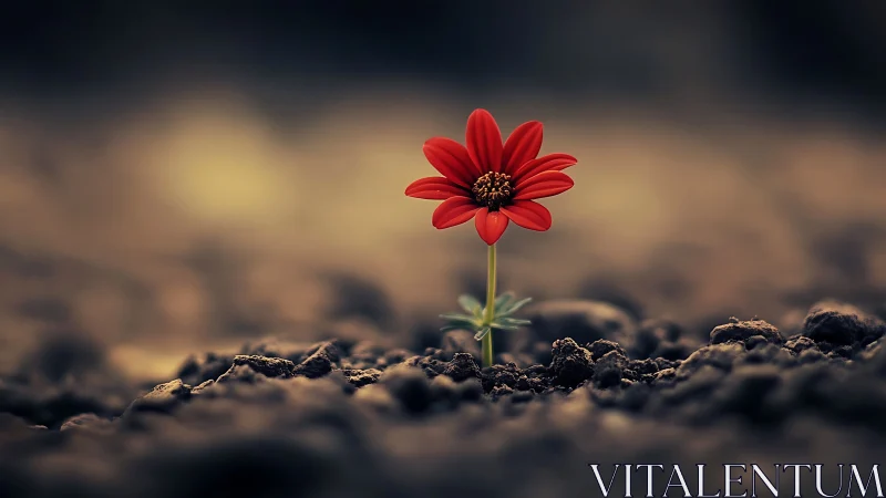 Single red flower growing alone from barren soil.