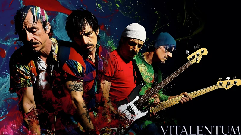 Electric bassist in vibrant paint-splashed motion collage