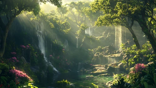 Luminescent Gorge Sanctuary with Cascading Waters and Floral Canopy.