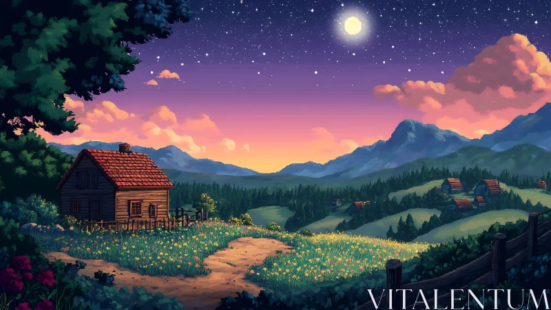 Pixel-rendered moonlit valley landscape with rustic wooden cabin
