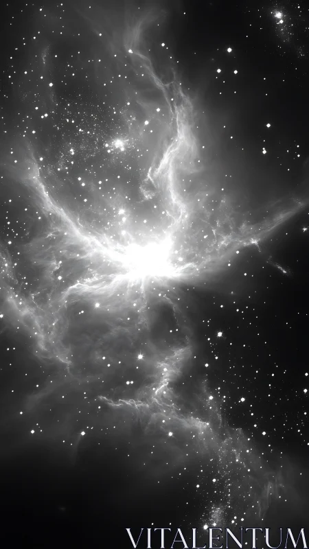 High-contrast monochrome stellar nebula with dense starfield
