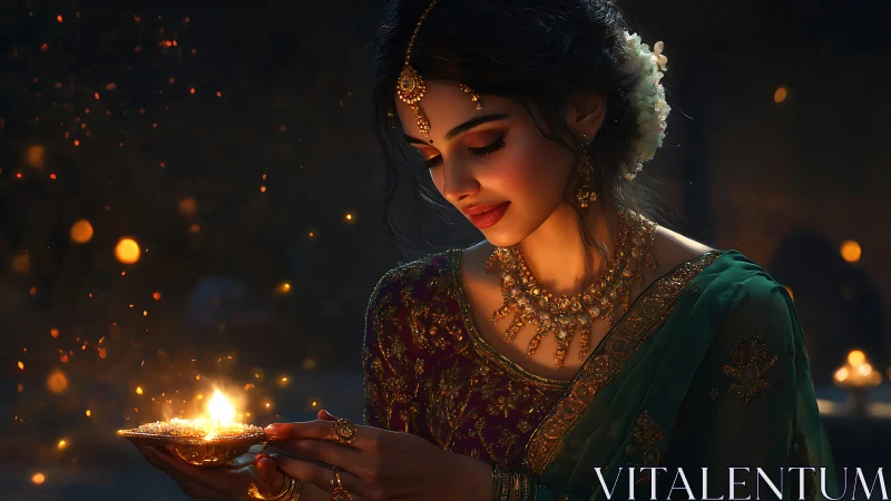 Graceful woman in traditional attire with diya, festive night scene.