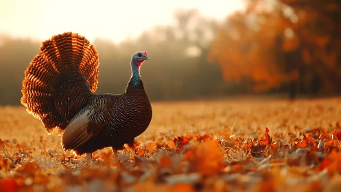 Wild turkey standing in backlit autumn field at sunrise.