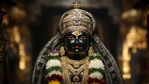 Radiant Hindu deity statue glows in gold and vivid flowers