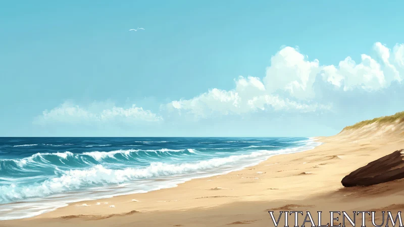 Sunlit ocean surf rolls toward quiet sandy shoreline