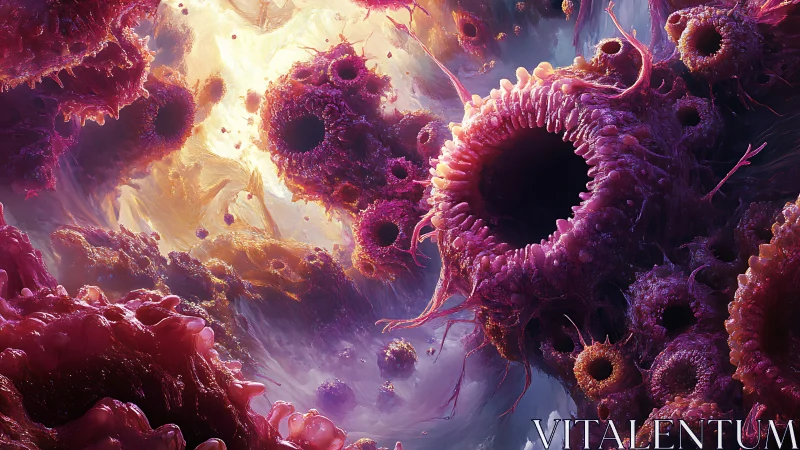 Digital painting of cosmic bio-organic vortex structures in bloom.