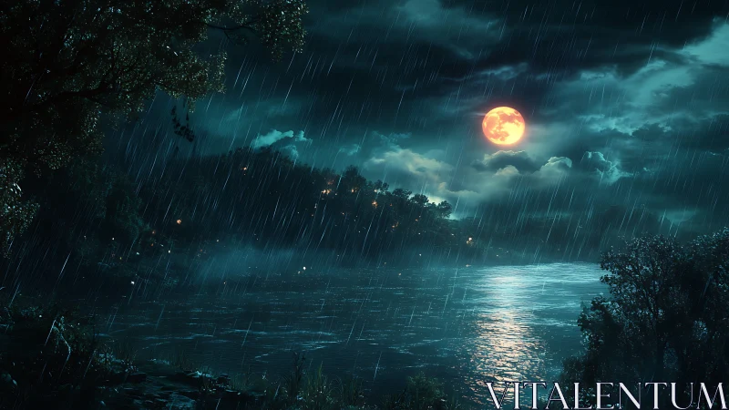 Luminous red moon above stormy riverside forest in rain