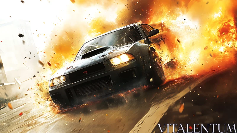 Black sports car passing urban explosion with debris field.