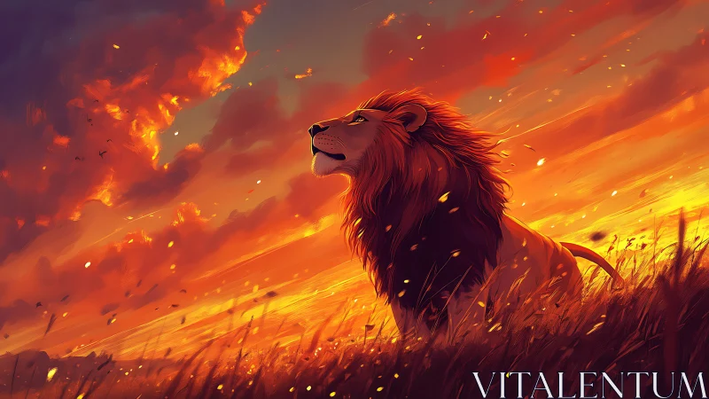 Spectral lion profile under pyroclastic chromatic sunset field.