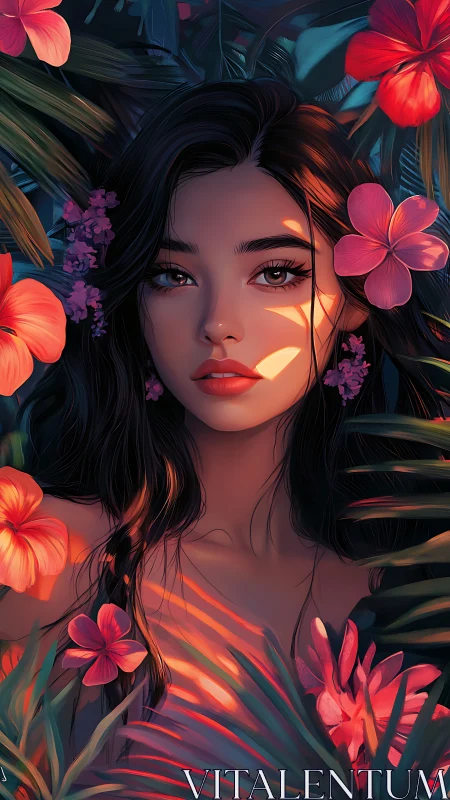 Tropical portrait of serene woman in neon sunset glow.