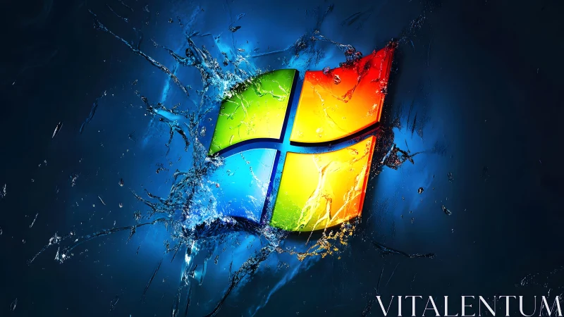 Windows logo bursting through water in vibrant digital art style.