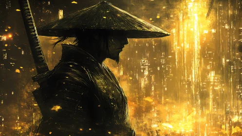 Lone samurai silhouette bathed in molten golden light.