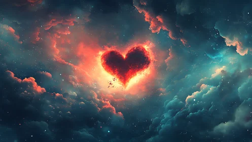 Fiery heart glowing against turbulent cosmic clouds