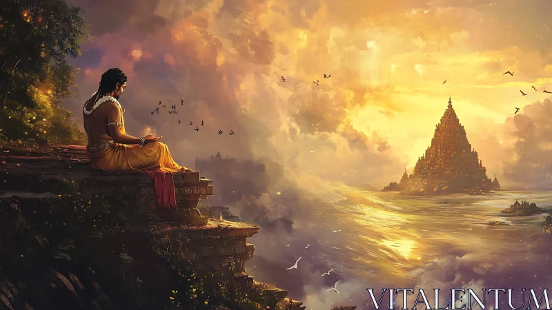 Seated robed figure observing distant temple above sea at dusk.