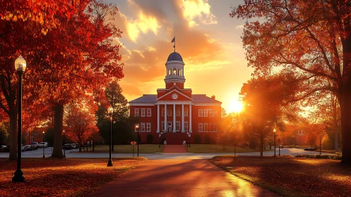 Golden autumn sunset over a quiet red-brick campus hall.