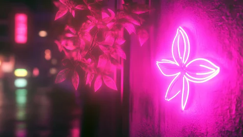 Neon flower emblem glowing beside leaves at night street.