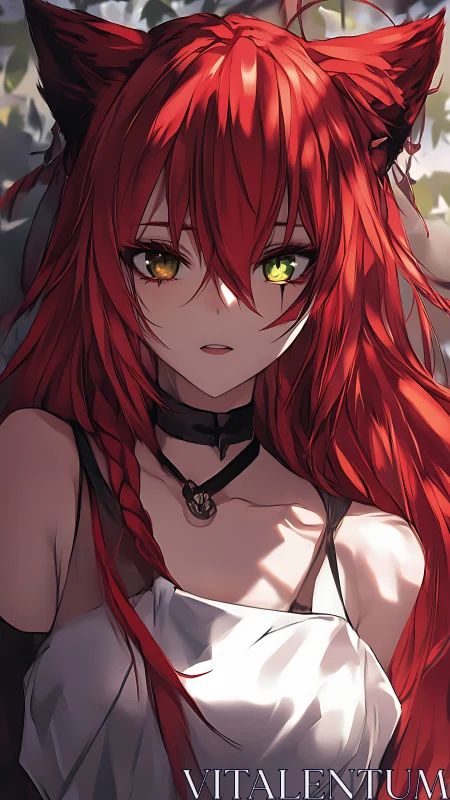 Anime portrait of red-haired catgirl in soft dappled light.