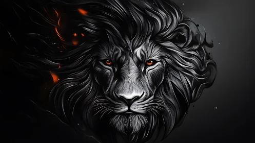 Stylized monochrome lion head with glowing orange eyes