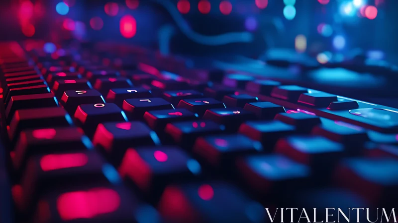 Neon keystrokes glow across a cyber-lit mechanical keyboard.
