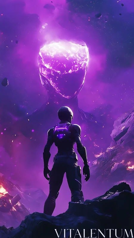 Starlit wanderer confronts cosmic giant in violet storm.