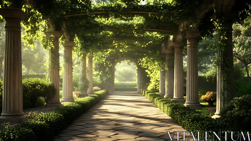 Colonnaded garden pergola with volumetric dawn light rendering.