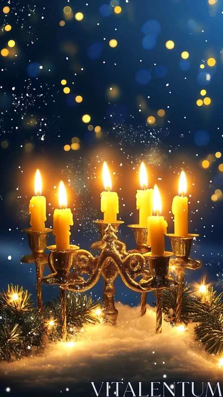 Golden winter candelabra dreams under snowfall and starlight.