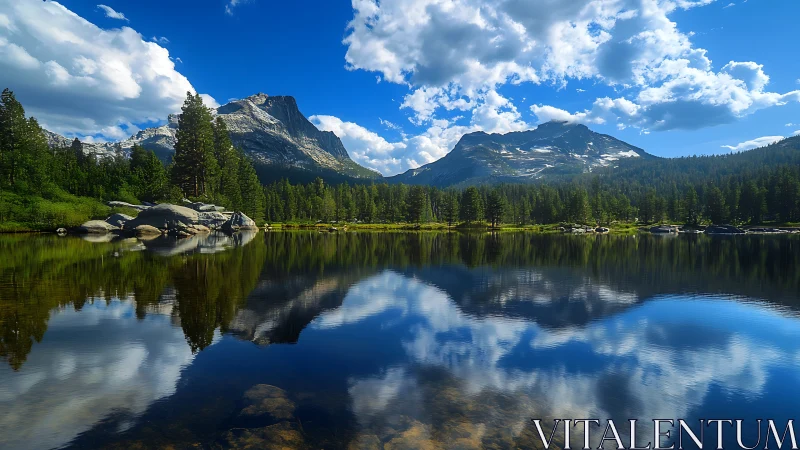 Mountain lake reflection under bright summer sky.
