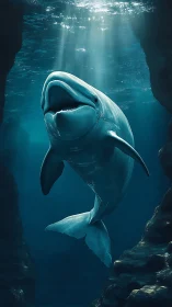 Majestic beluga whale glides through sunlit ocean canyon